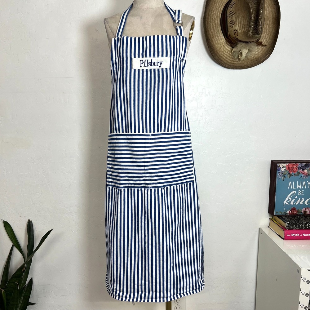 Pillsbury Striped Cotton Cooking Apron Blue White Embroidered Size L/XL Pocket